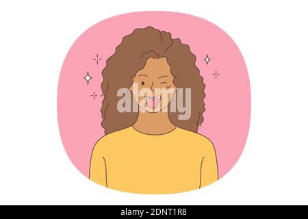 Woman expressing positive emotions concept. Young woman cartoon character showing tongue, feeling playful and happy, showing positive attitude and smi Stock Vector