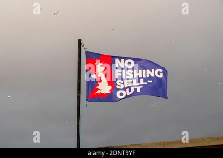 Hastings; East Sussex, Großbritannien. 18th. Dezember 2020. Dunkle Wolken sammeln sich an einem milden, windigen Morgen über dem Fischerstrand. Die Fischereirechte sind nach wie vor ein Knackpunkt in den EU-Brexit-Verhandlungen. Carolyn Clarke/Alamy Live News. Brexit-Flagge Stockfoto