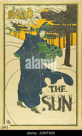 Louis John Rhead, Liebler & Maass, Read the Sun, Papier, Lithographie, gesamt: Höhe: 124 cm; Breite: 79 cm, monogrammiert: U. li. In Druckform: J.L.R, signiert: Handschriftlich u. r. mit blauem Buntstift: Louis Rhead, Produktwerbung (Plakate), Zeitungen, Zeitschriften, Winter, Schnee, Mode, Kleidung, Jacke, Mantel, Umhang Stockfoto