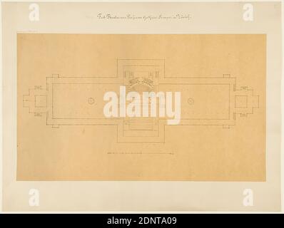 Gottfried Semper, Entwurf für das provisorische Richard Wagner Festspieltheater im Glaspalast, München (Projekt A). Grundriss, Pauspapier, Zeichnung, Blattgröße: Höhe: 34 cm; Breite: 57.5 cm, beschriftet: recto auf Karton: In Tinte: Prov. [In Lead added] Festspielhaus von Professor G. Semper in Zürich, in Lead: G. Semper 179-21-3, Entwurfszeichnungen, Entwurf, Bauplan, Opernhaus, Architektur, Architekturzeichnung oder Modell Stockfoto