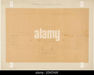Gottfried Semper, Entwurf für das provisorische Richard Wagner Festspieltheater im Glaspalast, München (Projekt B). Grundriss, Pauspapier, Zeichnung, Bogenmaß: Höhe: 37.8 cm; Breite: 57.5 cm, signiert: recto: In Blei: Gottfried Semper, beschriftet: recto auf Karton: In Tinte: Provisor. [Added in Lead] Festspieltheater von Professor Gottfried Semper in Zürich, in Lead: Projekt B, f. Glaspalast, G. Semper 179-21-1, 3, Stempel: rekto auf der Pappe: Entwurfszeichnungen, Entwurf, Bauplan, Opernhaus, Architektur, Architekturzeichnung oder Modell Stockfoto