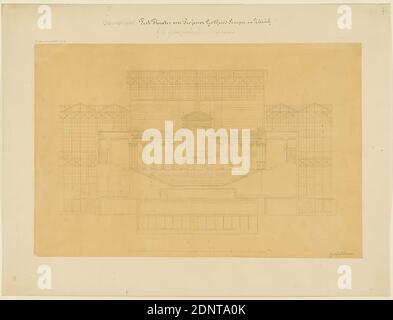 Gottfried Semper, Entwurf für das provisorische Richard Wagner Festspieltheater im Glaspalast, München (Projekt A). Grundriss des Auditoriums. Querschnitt, Pauspapier, Zeichnung, Bogenmaß: Höhe: 35.3 cm; Breite: 54.4 cm, signiert: recto: In Lead: Gottfried Semper, beschriftet: recto auf Karton: In Tinte: Provisorisches [added in Lead] Fest-Theater von Professor Gottfried Semper in Zürich, in Lead: f. d. Glaspalast in München, G. Semper 179-21-6, 7, A, Entwurfszeichnungen, Schnitt durch eine Architektur, Oper, Architektur, Architekturzeichnung oder Modell Stockfoto