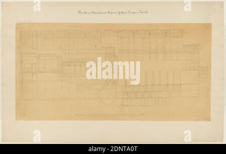 Gottfried Semper, Entwurf für das provisorische Richard Wagner Festspieltheater im Glaspalast, München (Projekt A). Grundriss des Auditoriums. Längsschnitt, Pauspapier, Zeichnung, Bogenmaß: Höhe: 34.2 cm; Breite: 68.3 cm, signiert: recto: In Blei: Gottfried Semper, beschriftet: recto auf Karton: In Tinte: Theater in München von Professor Gottfried Semper in Zürich, in Leitung: G. Semper 179-21-5, 9, A, Entwürfe, durchgeschnitten die Architektur, das Opernhaus, die Architektur, die architektonische Zeichnung oder das Modell, den Entwurf, den Plan des Gebäudes Stockfoto