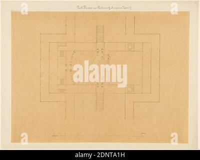 Gottfried Semper, Grundriss. Entwurf für das provisorische Richard Wagner Festspieltheater im Glaspalast München (Projekt C), Transparentpapier, Zeichnung, Bogenformat: Höhe: 42.7 cm; Breite: 57.7 cm, beschriftet: recto auf Karton: In Tinte: Prov. [Added in Lead] Festspielhaus von Professor Gottfried Semper in Zürich, in Lead: G. Semper 179-21-8, b, Entwurfszeichnungen, Entwurf, Bauplan, Opernhaus, Architektur, Architekturzeichnung oder Modell Stockfoto