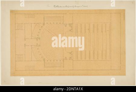 Gottfried Semper, Entwurf für das provisorische Richard Wagner Festspieltheater im Glaspalast, München (Projekt A). Grundriss des Auditoriums, Pauspapier, Zeichnung, Blattgröße: Höhe: 34 cm; Breite: 57.5 cm, beschriftet: recto auf Karton: In Tinte: Prov. [In Lead added] Festspielhaus von Professor G. Semper in Zürich, in Lead: G. Semper 179-21-4, 10, A, Entwurfszeichnungen, Entwurf, Bauplan, Opernhaus, Architektur, Architekturzeichnung oder Modell Stockfoto