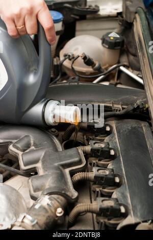 Tanken mit Motoröl. Motorraum, Behälter und Motoröl werden in den Öleinfüllstutzen des Motors gegossen Stockfoto