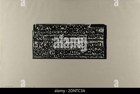 Gustav Heinrich Wolff, Cantico del Sole II, Japanpapier, Holzschnitt, Holzschnitt auf Japanpapier, Bildgröße: Höhe: 13,3 cm; Breite: 28,3 cm, Nachlassstempel GUSTAV H. WOLFF NACHLASS rückseitig, Layout und Typografie, Buchstaben, Alphabet, Schrift, Franz(iskus) von Assisi, Klassische Moderne, Cantico del Sole II, Holthusen Drucknr 23. Auszug aus dem Cantico del Sole (Sonnengesang) des Hl. Franziskus von Assisi (San Francesco d'Assisi), Schöpfungslied (Il Cantico di Frate Sole oder Il Cantico delle Creature) in Altitalienisch aus dem 13. Jahrhundert. Stockfoto