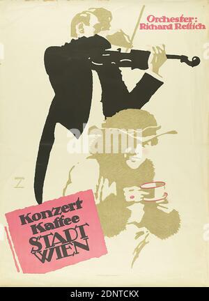 Ludwig Hohlwein, Fritz Maison, concert Kaffee Stadt Wien, paper, lithograph, total: height: 124,5 cm; width: 91,3 cm, signed and inscribed: u. li. in print: LUDWIG HOHLWEIN, MUNICH, event posters, music and concert posters, concert, violin, violin, fiddle, musician, inn, coffee house, pub, coffee, fashionable, elegant woman, 'Belle', cup and saucer, Richard radish, art nouveau Stock Photo