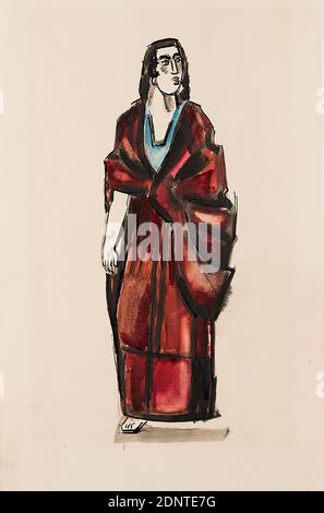 Gustav Heinrich Wolff, Frau im langen Gewand mit Umhang, Tusche, Karton, Zeichentechnik, Maltechnik, Tusche in schwarz, rot, blau auf Karton, Gesamt: Höhe: 29.8 cm; Breite: 19.6 cm, monogrammiert: verso: GHW, monogrammed, beschriftet und datiert: verso: GHW, für Max Sauerlandt, am 3. 3. Januar 1925, Zeichnung, Grafik, Malerei, Frau, stehende Figur, Jacke, Mantel, Cape, Cape, Klassische Moderne, Frau in lang, antike Robe mit Umhang nach rechts schauen, von der Künstlerin auf der Rückseite für Max Sauerlandt, am 3. Januar 1925 und monogrammed GHW eingeschrieben Stockfoto