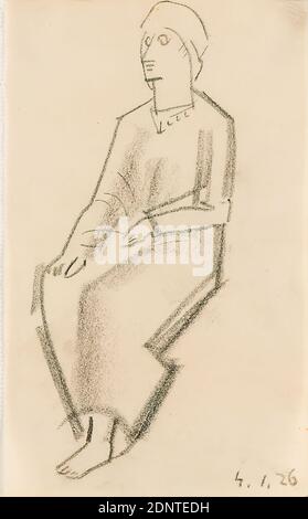 Gustav Heinrich Wolff, sitzende Frau in langem Kleid, Zeichenpapier, Zeichenkohle, Zeichnung, Holzkohle auf Zeichenpapier, Gesamt: Höhe: 20 cm; Breite: 12,2 cm, datiert, 4.1.26, Skizzen, Zeichnung, Grafik, sitzende Figur, Frau, Klassische Moderne, Skizze einer sitzenden Frau im langen Kleid und mit Kopfbedeckung im Halbprofil nach links, aus dem Skizzenbuch 1926 Stockfoto