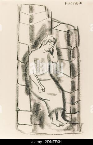 Gustav Heinrich Wolff, sitzend in einer Ecke (Eckstück), Zeichenpapier, Zeichenkohle, Zeichnung, Holzkohle auf Zeichenpapier, Gesamt: Höhe: 29,7 cm; Breite: 20,3 cm, beschriftet: rechto oben rechts mit Holzkohle: Eckstück, Zeichnung, Grafik, Skizzen, sitzende Figur, klassische Moderne, Skizze einer Frau, die in einer Backsteinecke sitzt, undatierte Einzelblatt aus Skizzenbuch Stockfoto
