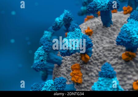 3D Render Blue Color Virus Concept Model semi closeup Stockfoto