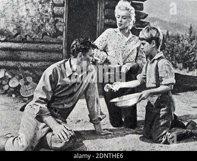 Filmstill aus 'River of No Return' mit Marilyn Monroe, Robert Mitchum, Tommy Rettig und Rory Calhoun. Stockfoto