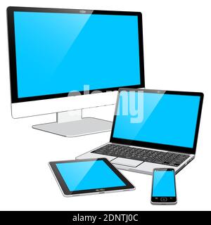 Eine Sammlung von 4 internetfähigen Geräten - EIN Smartphone, Tablet-PC, Laptop-PC und ein großes Display All-in-One-PC. Stock Vektor