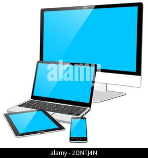 4 internetbasierte Geräte – EIN Smartphone, ein Tablet-PC, ein Laptop-PC und ein großes Display – alles in einem PC. Die blauen Bildschirme zeigen an, dass die Geräte eingeschaltet sind. Stock Vektor