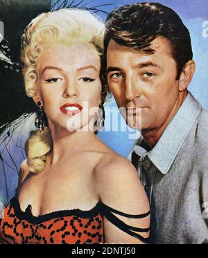 Filmstill aus 'River of No Return' mit Marilyn Monroe, Robert Mitchum, Tommy Rettig und Rory Calhoun. Stockfoto