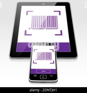 Ein gescannter Barcode, der auf einem Tablet-PC und einem Smartphone-Bildschirm angezeigt wird. Stock Vektor