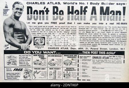 Werbung mit Charles Atlas (1892-1972), einem italienisch-amerikanischen Bodybuilder. Stockfoto