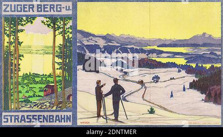 Walther Koch, Gebr. Fretz-Diagramm. Werkstätten, Zuger Bergbahn und Straßenbahn, Papier, Fotolithographie, Gesamt: Höhe: 32.6 cm; Breite: 19 cm, W. KOCH, Produkt- und Geschäftswerbung (Druckgrafik), Landschaft mit Installationen, Schnee, Winter, Berge, Berge, Ski (Wintersport), Verkehr und Transport, Straßenbahn, Jugendstil Stockfoto