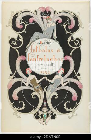 George Barbier, Meynial éditeur, Paris, Portfolio des Mode-Almanach Falbalas et Fanfreguches 1923, Papier, opakes Aquarell, Radierung, Schablonendruck (pochorisch), pochorisch und Radierung, komplett (Einband) Höhe: 25,8 cm; Breite: 17,5 cm (35), unmarkiert, Druckgrafik, Druck, modisch, elegante Frau, 'Belle', Damenmode, Federn (für Kleidung, Mode), Ornamente, Mode, Mode, Kleidung, Perle, Perlenkette, Art Deco Stockfoto