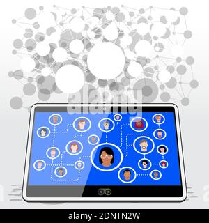 Ein Tablet-Computer, der sich über eine Plattform für soziale Netzwerke mit Familie, Freunden und Arbeitskollegen verbindet. Stock Vektor