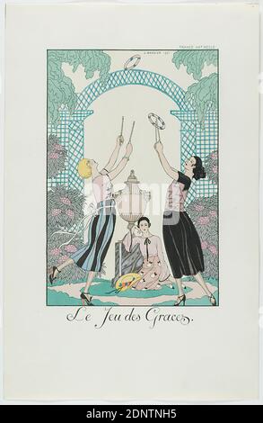 George Barbier, Meynial éditeur, Paris, Le Jeu des Graces, aus dem Modealmanach Falbalas et Fanfreeluches 1922, handgeschöpftes Papier, opakes Aquarell, Radierung, Schablonendruck (pochor), pochorisch und Radierung, Bogenmaß: Höhe: 24.6 cm; Breite: 16 cm, signiert, datiert und beschriftet: Auf der Druckplatte: G. Stockfoto