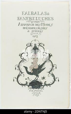 George Barbier, Meynial éditeur, Paris, Falbalas et Fanfreluches. Almanac des Modes présentes passées et Futures pour 1923. Titelblatt des Fashion Almanac für das Jahr 1923, handgemachtes Papier, opakes Aquarell, Radierung, Schablonendruck (pochor), pochor und Radierung, Bogenmaß: Höhe: 25.5 cm; Breite: 16.3 cm, unmarkiert, Drucke, Drucksachen, Vögel, Kupiden, Putti, Ornamente, Art Déco Stockfoto