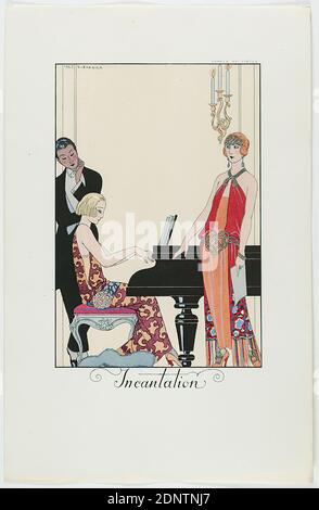 George Barbier, Meynial éditeur, Paris, Inkantation, aus dem Modealmanach Falbalas et Fanfreoluches 1923, handgeschöpftes Papier, opakes Aquarell, Radierung, Schablonendruck (pochorisch), pochorisch und Radierung, Bogenmaß: Höhe: 24.5 cm; Breite: 15.8 cm, signiert, datiert und beschriftet: Auf der Druckplatte: 1922 G. BARBIER, Inkantation, Druckgrafik, Druck, Konzertflügel, Musik machen, Frau, Weiblichkeit, modisch, elegante Frau, 'Belle', Mode, Art Déco Stockfoto