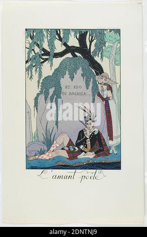 George Barbier, Meynial éditeur, Paris, L'amant poète, aus dem Modealmanach Falbalas et Fanfreeluches, handgeschöpftes Papier, opakes Aquarell, Radierung, Schablonendruck (pochor), pochor und Radierung, Bogenmaß: Höhe: 24.6 cm; Breite: 15.8 cm, signiert, datiert und beschriftet: Auf der Druckplatte: G. BARBIER, 1922, L'amant poète, beschriftet: In der Druckplatte: Écosse XIXe. Stockfoto