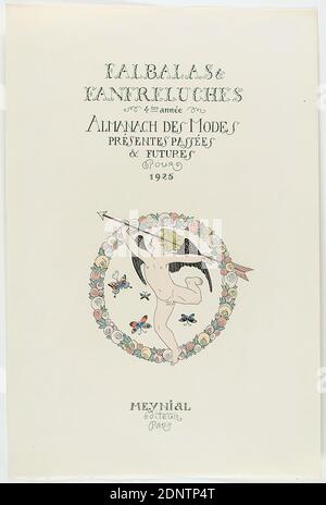 George Barbier, Meynial éditeur, Paris, Falbalas et Fanfreluches. Almanac der Modetrends in der Vergangenheit und Zukunft für 1925. Titelblatt des Mode-Almanach für 1925, handgeschöpftes Papier, undurchsichtiges Aquarell, Radierung, Schablonendruck (pochorisch), pochorisch und Radierung, Blattgröße: Höhe: 24.8 cm; Breite: 16.5 cm, unmarkiert, Drucke, Drucksachen, Geschichte des Amors, Amor schießt einen Pfeil, Schmetterling, Blumen, Kranz, Girlande, Art Déco Stockfoto