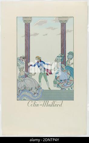 George Barbier, Meynial éditeur, Paris, Colin-Maillard, aus dem Modealmanach Falbalas et Fanfreeluches 1925, handgeschöpftes Papier, opakes Aquarell, Radierung, Schablonendruck (pochor), pochorisch und Radierung, Bogenmaß: Höhe: 25.3 cm; Breite: 16.3 cm, signiert, datiert und beschriftet: In der Druckplatte: G. BARBIER 1924, Colin der Druckplatte: FRANKREICH XVIIIe SIECLE, Drucke, Drucksachen, historische Perioden, Art Déco Stockfoto