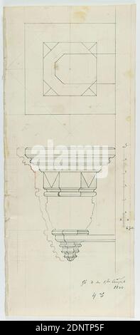 Theodor Bülau, Hübbe's Haus. Ferdinandstr. 65, Hamburg. Design der Konsole für stehende Figur, Papier, Stift, Tinte, Bleistift, Stift und Tusche Zeichnung, Bogenmaß: Höhe: 25.4 cm; Breite: 10.7 cm, monogrammiert, beschriftet und datiert: recto: In Tinte: HB. ♃ [Symbol des Jupiter] der 1. August 1844, Th. B, Konstruktionszeichnungen, architektonische Details, Architektur, Schnitt durch eine Architektur Stockfoto