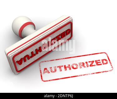 Autorisiert. Der Stempel und ein Aufdruck. Weißer Stempel und roter Aufdruck mit Text AUF weißer Oberfläche GENEHMIGT. 3D-Illustration Stockfoto