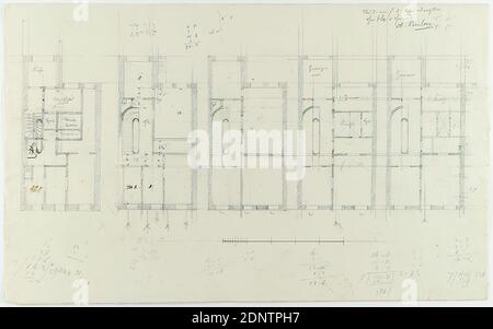 Theodor Bülau, Hübbe's Haus. Ferdinandstr. 65, Hamburg. Entwurf der Grundrisse, Papier, Bleistift, Zeichnung, Blattgröße: Höhe: 21 cm; Breite: 34 cm, beschriftet: recto: In Leitung: Studium f. d. Grundrisse, Hübbe's Haus, A. Bülau, Entwurfszeichnungen, Entwurf, Bauplan, Architektur Stockfoto