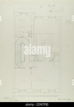 Theodor Bülau, Hübbe'sche Haus, Ferdinandstr. 65, Hamburg. Grundriss, Papier, Stift, Tinte, Bleistift, Feder und Tusche Zeichnung, Bogenformat: Höhe: 36 cm; Breite: 26,2 cm, beschriftet und datiert: recto: In Tinte: HB. ♃ [Jupiter Symbol] der 6. Juni 1844, eingeschrieben: recto: In Führung: Hübbe Haus, A. Bülau, Entwurfszeichnungen, Entwurf, Plan eines Gebäudes, Keller, Keller, Architektur Stockfoto