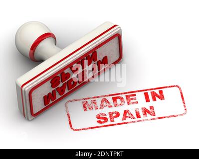 Hergestellt in Spanien. Der Stempel und ein Aufdruck. Weißer Gummistempel und roter Aufdruck HERGESTELLT IN SPANIEN auf weißer Oberfläche. 3D-Illustration Stockfoto