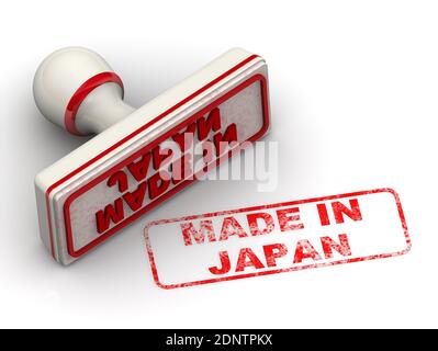 Hergestellt in Japan. Der Stempel und ein Aufdruck. Weißer Gummistempel und roter Aufdruck HERGESTELLT IN JAPAN auf weißer Oberfläche. 3D-Illustration Stockfoto