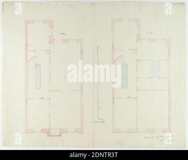 Theodor Bülau, Hübbe'sche Haus, Ferdinandstr. 65, Hamburg. Grundriss 1. Und 2. Stock, Papier, Feder, Tinte, Bleistift, Feder und Tusche Zeichnung, farbig, Bogenformat: Höhe: 33.8 cm; Breite: 42.5 cm, beschriftet und datiert: recto: In Tinte: HB. ♀ [Venussymbol] am 24. Mai 1844, eingeschrieben: recto: In Lead: Design Hübbe Haus, A. Bülau, Entwurfszeichnungen, Entwurf, Plan eines Gebäudes Stockfoto