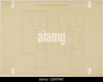 Theodor Bülau, Hübbe'sche Haus, Ferdinandstr. 65, Hamburg. 1. Grundriss für Keller und ersten Stock, Papier, Stift, Tinte, Bleistift, Stift und Tusche Zeichnung, Bogenformat: Höhe: 37,5 cm; Breite: 51,3 cm, beschriftet: recto: In Blei: Ausgeführt Grundriss, Hübbe Haus, A. Bülau, Zeichnung, Grafik, Entwurf, Plan eines Gebäudes Stockfoto