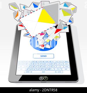 Ein Tablet-Computer mit Touchscreen-Tastatur, mit dem Sie E-Mails senden und empfangen können. Ein Strom von E-Mails wird zufällig von seinem Bildschirm gesendet. Stock Vektor