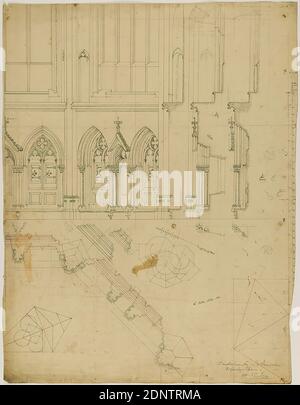 Theodor Bülau, Dom, Regensburg. Innenansicht des Chores mit Abschnitten, Profilen und Grundriss, Papier, Stift, Tinte, Bleistift, Stift und Tusche Zeichnung, Blattgröße: Höhe: 65 cm; Breite: 49 cm, beschriftet: recto: In Blei: Wandschränke in d. Sacristei, Regensburger Dom, A. Bülau, Zeichnung, Grafik, Kircheninterieur, Chor, Sakristei, Kirchenbau und Ausstattung (Sakralbau), Entwurf, Bauplan, Schnitt durch eine Architektur Stockfoto