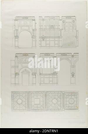 Ernst Christian Schmidt, Verlag Friedrich Vieweg und Sohn, Gottfried Semper, Details zur Vorhalle der Königlichen Loge. Aus der Mappe das Königliche Hoftheater zu Dresden, hrsg. von Gottfried Semper, Braunschweig 1849, Altbestand, wohl A 1903, Papier, Kupferstich, Platte: Höhe: 45 cm; Breite: 31 cm, Beschriftung: Im Druckschild: E. C. Schmidt sc, TAB IX, Adresse, Portfolio Werke, Schnitt durch eine Architektur, Logen, Architektur, Oper, hist. Gebäude, Lage, Straße, architektonische Details Stockfoto