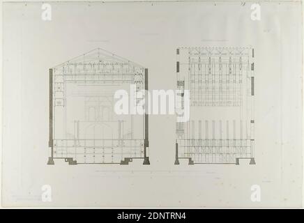 Ernst Christian Schmidt, Verlag Friedrich Vieweg und Sohn, Gottfried Semper, Kreuz- und Längendurchschnitt der Maschinen. Aus der Mappe das Königliche Hoftheater zu Dresden, hrsg. von Gottfried Semper, Braunschweig 1849, Altbestand, wohl A 1903, Papier, Kupferstich, Platte: Höhe: 28 cm; Breite: 45 cm, Beschriftung: In der Druckform: E. C. Schmidt sc, TAB XII, Adresse, Portfolio Werke, Schnitt durch eine Architektur, Theater, Theateraufführung, Maschinenteile, Architektur, Oper, hist. Gebäude, Ort, Straße, Bühnenbild, Bühne Stockfoto