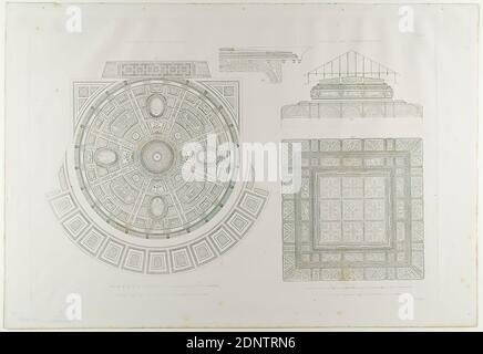 Ernst Christian Schmidt, Verlag Friedrich Vieweg und Sohn, Gottfried Semper, Plafond der Halle und Treppenhäuser. Aus der Mappe das Königliche Hoftheater zu Dresden, hrsg. von Gottfried Semper, Braunschweig 1849, Altbestand, wohl A 1903, Papier, Kupferstich, Platte: Höhe: 30.2 cm; Breite: 45 cm, beschriftet: In der Druckform: E. C. Schmidt sc, TAB X, Adresse, Mappenwerke, Schnitt durch eine Architektur, architektonische Details Stockfoto