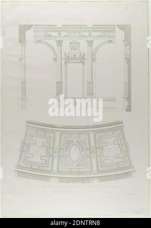 Ernst Christian Schmidt, Verlag Friedrich Vieweg und Sohn Gottfried Semper, Details zum Foyer. Aus der Mappe das Königliche Hoftheater zu Dresden, hrsg. von Gottfried Semper, Braunschweig 1849, Altbestand, wohl A 1903, Papier, Kupferstich, Platte: Höhe: 45 cm; Breite: 33.5 cm, Beschriftung: Im Druckschild: E. C. Schmidt sc, TAB XI, Adresse, Mappenwerke, Schnitt durch eine Architektur, Foyer, architektonische Details Stockfoto