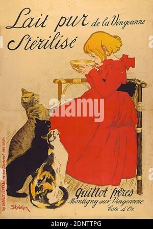 Théophile-Alexandre Steinlen, Imprimerie Charles Verneau, Lait pur de la Vingeanne Stérilisé, Papier, Lithographie, gesamt: Höhe: 140,7 cm; Breite: 99,5 cm, signiert: recto u. li. Im Druck: Steinlen, Produkt- und Unternehmenswerbung (Plakate), Produktwerbung (Plakate), Katze, Milch, Kind, Mädchen, Mensch und Tier, Tochter Stockfoto