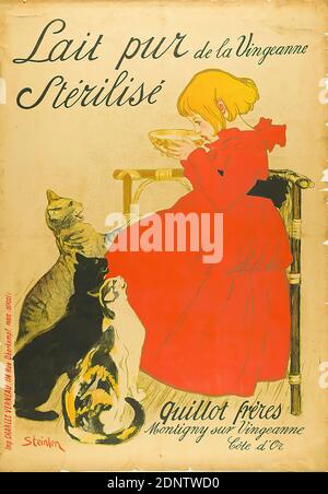 Théophile-Alexandre Steinlen, Imprimerie Charles Verneau, Lait pur de la Vingeanne Stérilisé, paper, lithography, Total: Height: 142 cm; Width: 99,5 cm, signed: bottom left in printing form: Steinlen, product and business advertising (posters), product advertising (posters), cat, milk, child, girl, drinking, human and animal Stockfoto