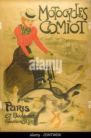 Théophile-Alexandre Steinlen, Imprimerie Charles Verneau, Motorräder Comiot, Papier, Lithographie, Gesamt: Höhe: 198 cm; Breite: 138 cm, signiert und datiert: Im Druck unten rechts: Steinlen 99, Produkt- und Firmenwerbung (Plakate), Produktwerbung (Plakate), Fahrrad, Zweirad, Gänse, Landleben, Frau Stockfoto