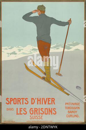 Walther Koch, Gebr. Fretz-Diagramm. Workshops, Sports d'hiver dans les Graubünden, Suisse (Patinage, Rodel, Bandy, Curling), Papier, Lithografie, Gesamt: Höhe: 100,5 cm; Breite: 70 cm, signiert: Im Druck u. li.: WALTHER KOCH, Tourismus Plakate, Sport, Spiele, Ski (Wintersport), Winter, Schnee, Berge, Berge, Wintersport, Kanton Graubünden Stockfoto