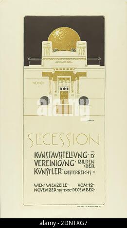 Joseph Maria Olbrich, Lithographisches Institut Albert Berger, Secession. Kunstausstellung der Vereinigung bildender Künstler Österreichs, Papier, Lithographie, Lithographie in dunkelbraun und Gold auf kräftigem Papier, gesamt: Höhe: 85 cm; Breite: 49,4 cm, signiert: Mitte rechts im Motiv: OLBRICH, Ausstellungsplakate, hist. Gebäude, Lage, Straße, Jugendstil Stockfoto